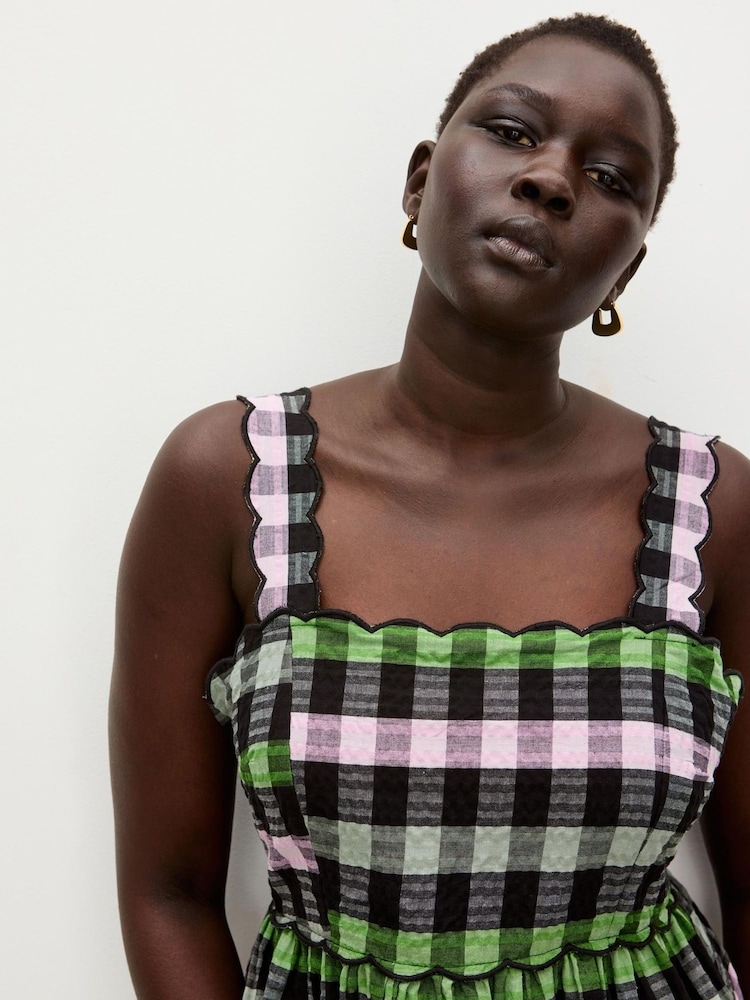 Oliver Bonas Black Checked Scalloped Strappy Midi Dress - Image 2 of 7