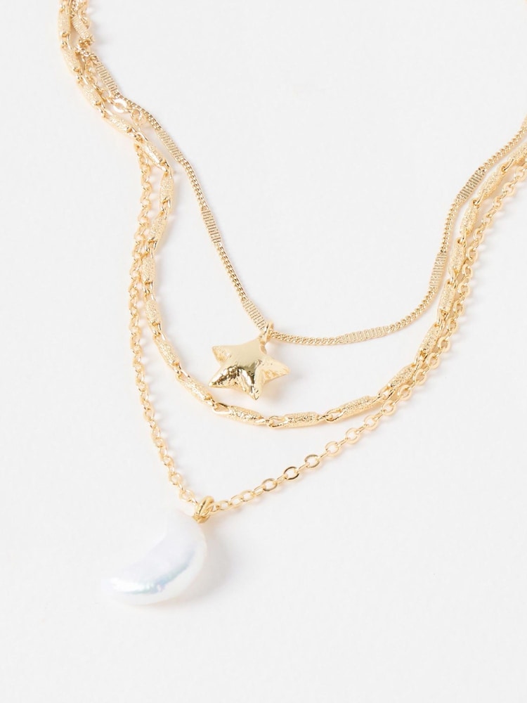 Oliver Bonas Gold Tone Kyla Star & Pearl Moon Charm Layered Necklace - Image 1 of 5