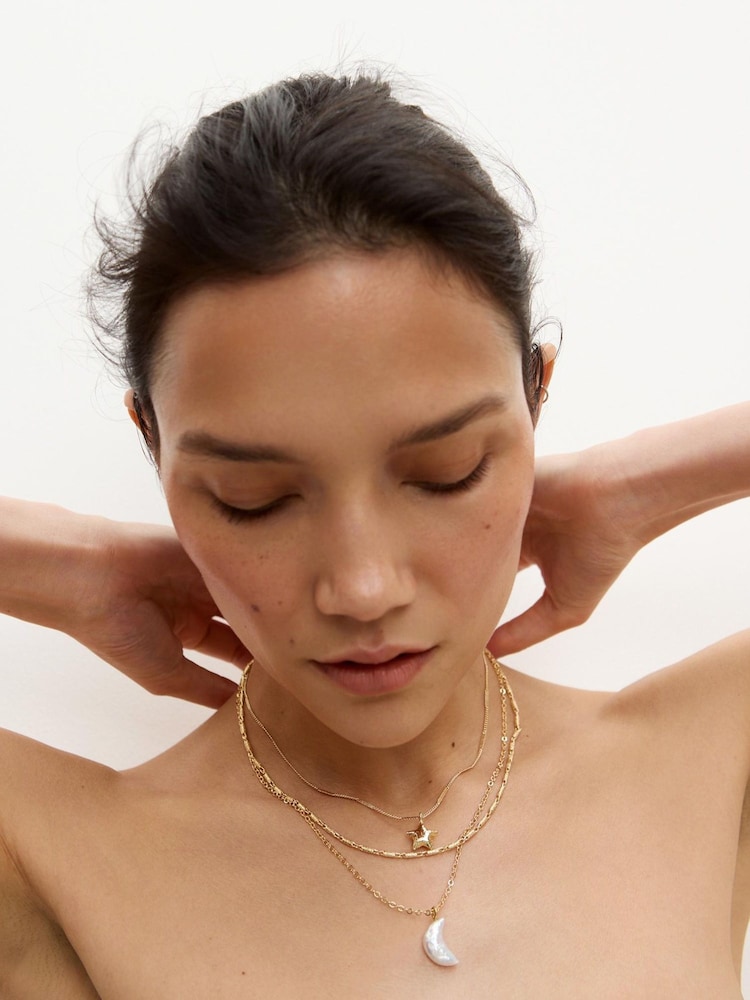 Oliver Bonas Gold Tone Kyla Star & Pearl Moon Charm Layered Necklace - Image 5 of 5