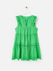 Oliver Bonas Green Ladder Trim Tiered Mini Dress - Image 3 of 8