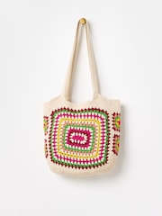 Oliver Bonas Cream Rectangular Granny Square Crochet Tote Bag - Image 1 of 6