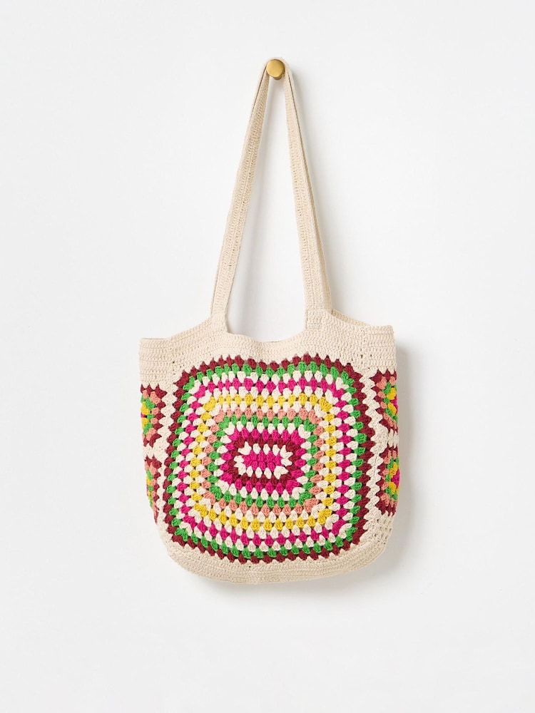 Oliver Bonas Cream Rectangular Granny Square Crochet Tote Bag - Image 2 of 6