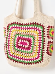 Oliver Bonas Cream Rectangular Granny Square Crochet Tote Bag - Image 3 of 6