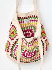 Oliver Bonas Cream Rectangular Granny Square Crochet Tote Bag - Image 4 of 6
