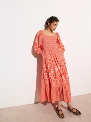 Oliver Bonas Floral Print Puff Sleeve Midi Dress - Bild 1 von 8