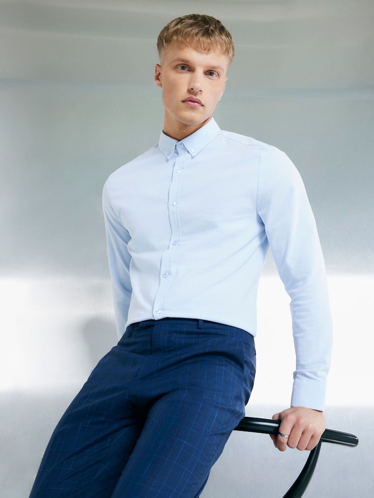 River Island Blue Muscle Fit Textured Shirt - Image 2 of 3 River Island Blue Muscle Fit Textured Shirt - Image 2 of 3