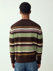 Brown/Sage Green Regular Fit Cosy Stripe Crew Jumper with Wool - Image 3 of 4