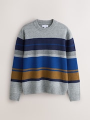 Grey/Blue Regular Fit Cosy Stripe Crew Jumper with Wool - Image 1 of 3