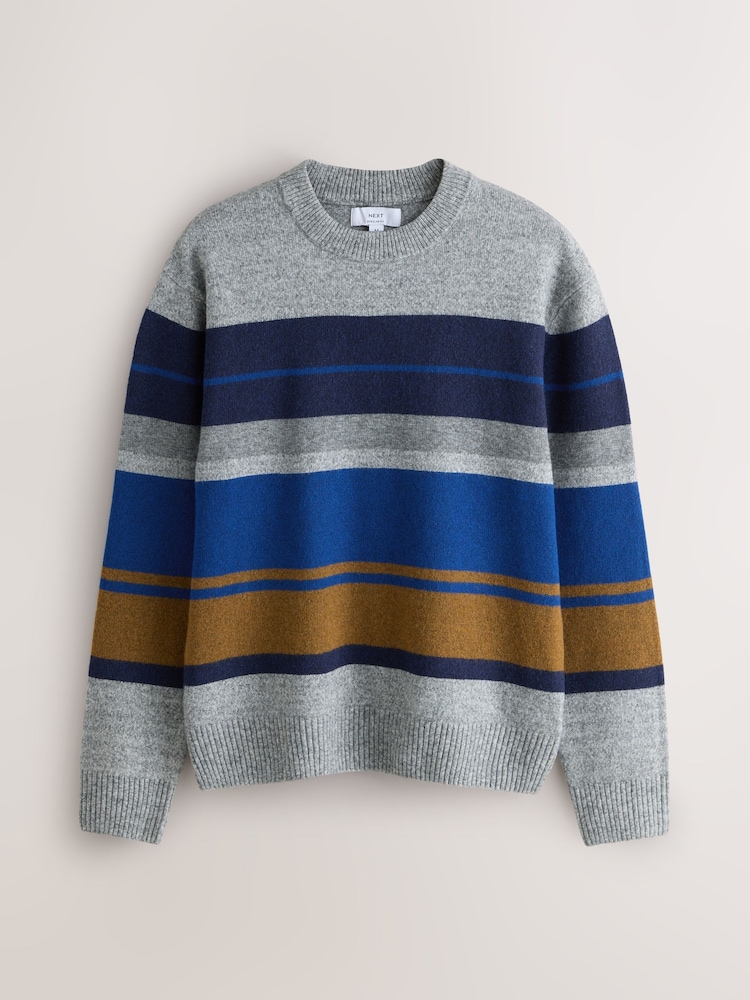 Grey/Blue Regular Fit Cosy Stripe Crew Jumper with Wool - Image 1 of 3