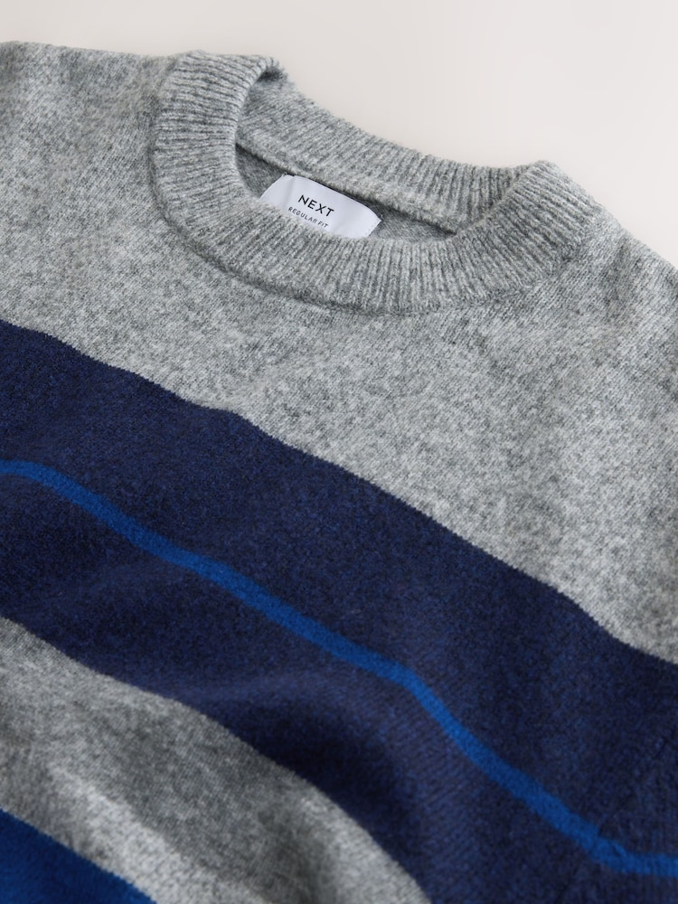 Grey/Blue Regular Fit Cosy Stripe Crew Jumper with Wool - Image 3 of 3
