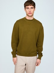 Olive Green Cotton Rich Relaxed Fit Mid Weight Knitted Sweatshirt - Image 1 of 4