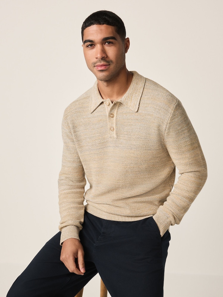 Neutral Marl Regular Fit 100% Cotton Twisted Knit Long Sleeve Polo Shirt - Image 1 of 9
