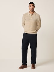 Neutral Marl Regular Fit 100% Cotton Twisted Knit Long Sleeve Polo Shirt - Image 3 of 9