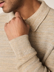 Neutral Marl Regular Fit 100% Cotton Twisted Knit Long Sleeve Polo Shirt - Image 4 of 9