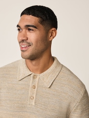 Neutral Marl Regular Fit 100% Cotton Twisted Knit Long Sleeve Polo Shirt - Image 5 of 9