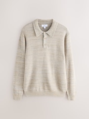 Neutral Marl Regular Fit 100% Cotton Twisted Knit Long Sleeve Polo Shirt - Image 6 of 9