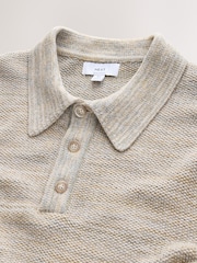 Neutral Marl Regular Fit 100% Cotton Twisted Knit Long Sleeve Polo Shirt - Image 7 of 9