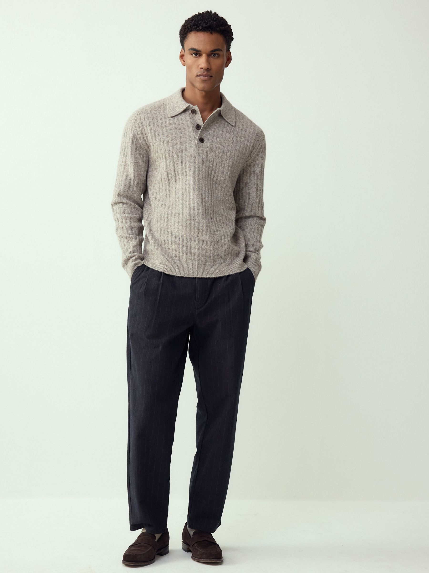 Buy Neutral Cosy Rib Knit Long Sleeve Polo Shirt with Wool from