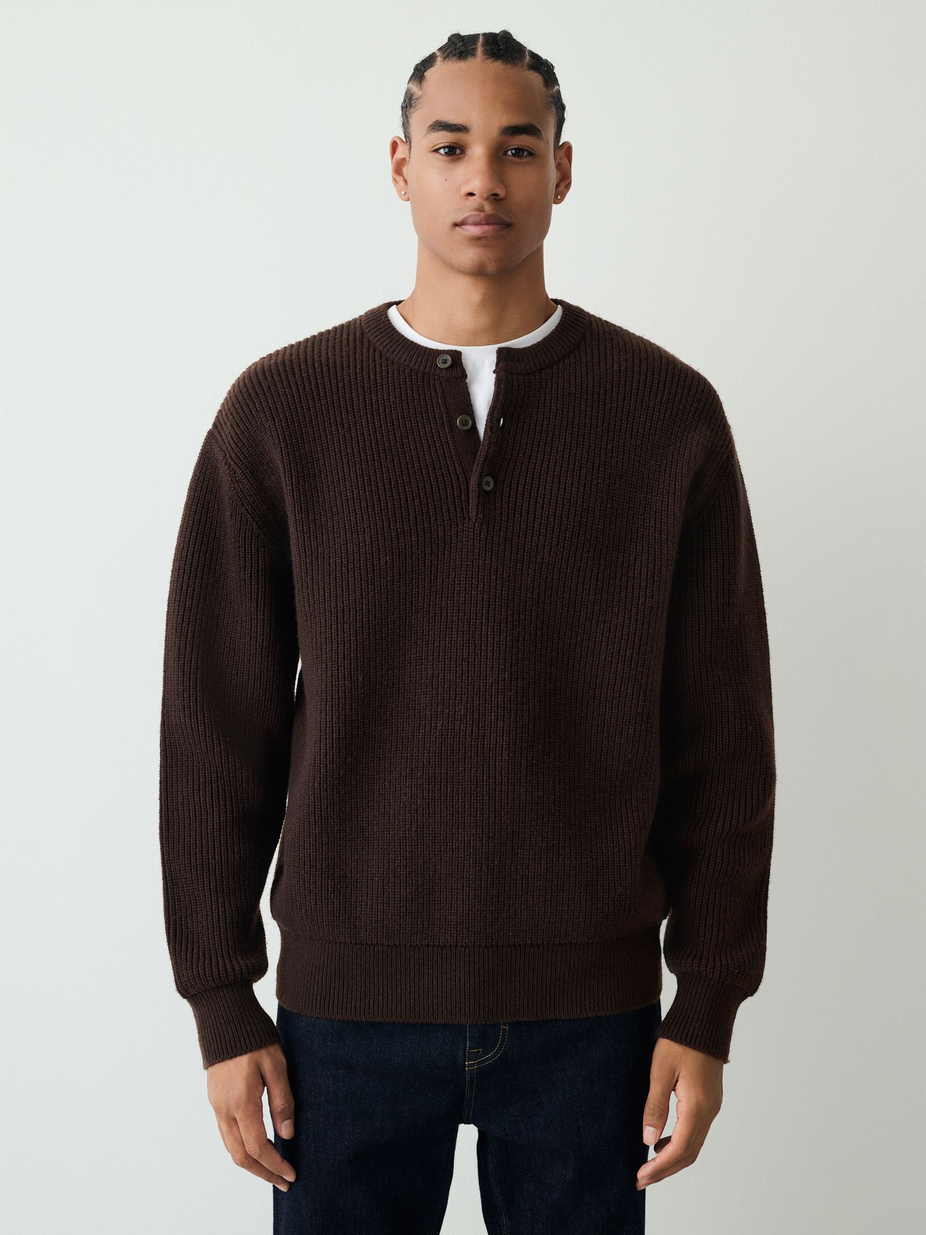 Russelino ブラウン 長袖セーター　サイズ5 Buy Chocolate Brown Relaxed Fit Ribbed Grandad Collar Jumper with