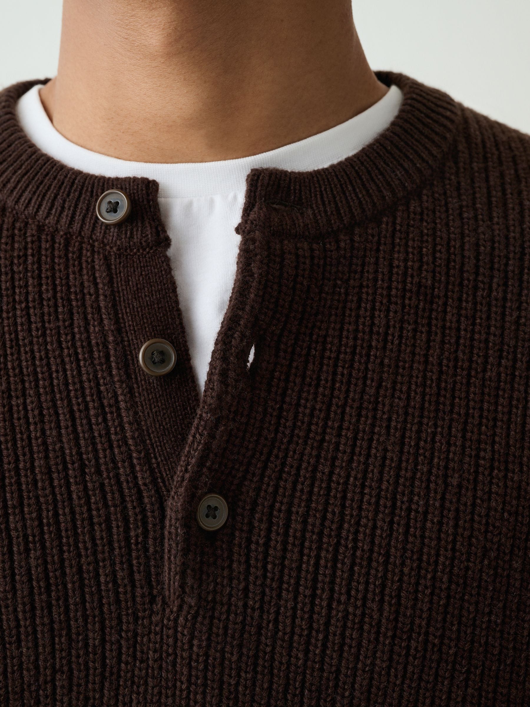 Buy Chocolate Brown Relaxed Fit Ribbed Grandad Collar Jumper with