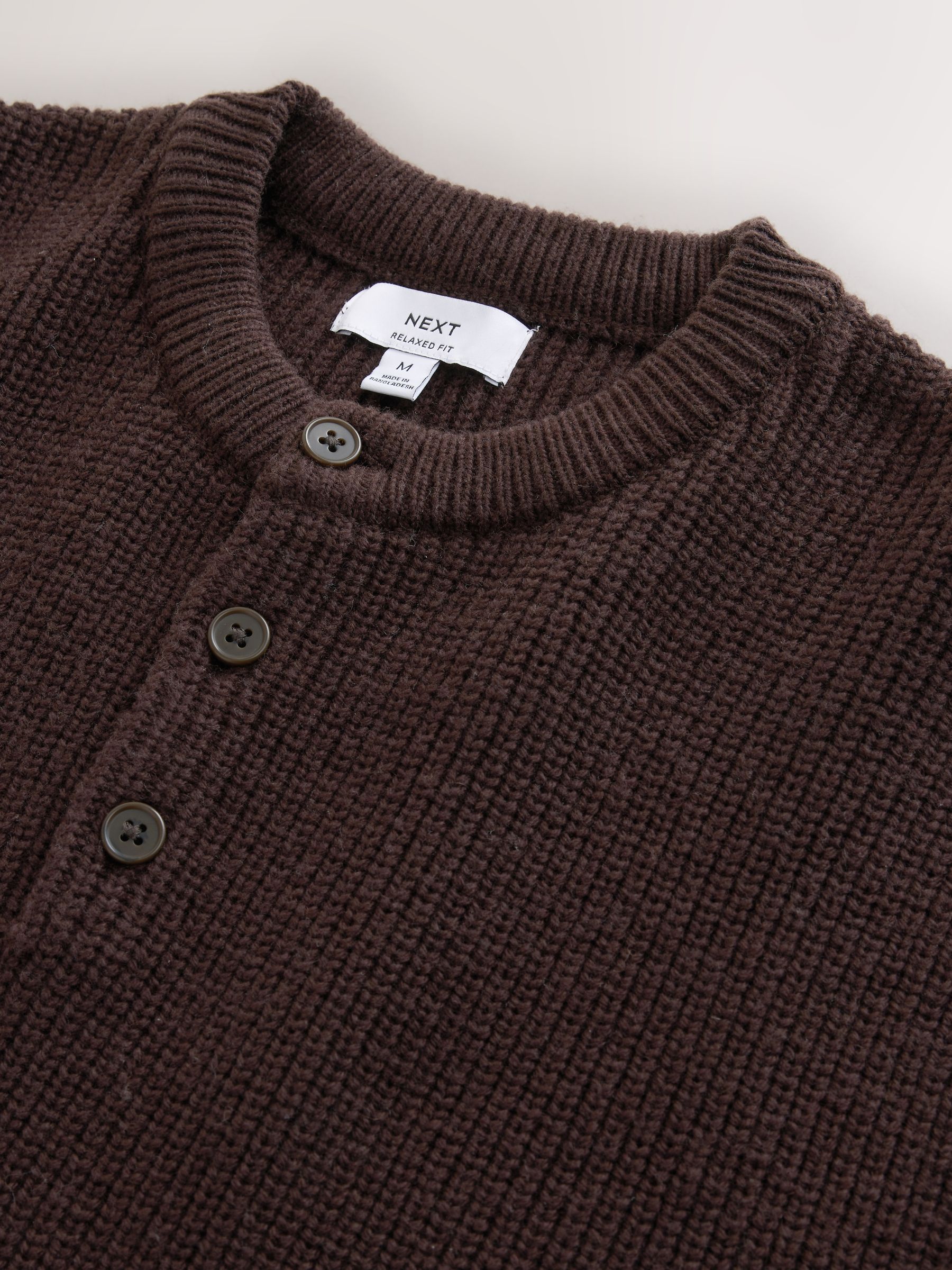 Buy Chocolate Brown Relaxed Fit Ribbed Grandad Collar Jumper with