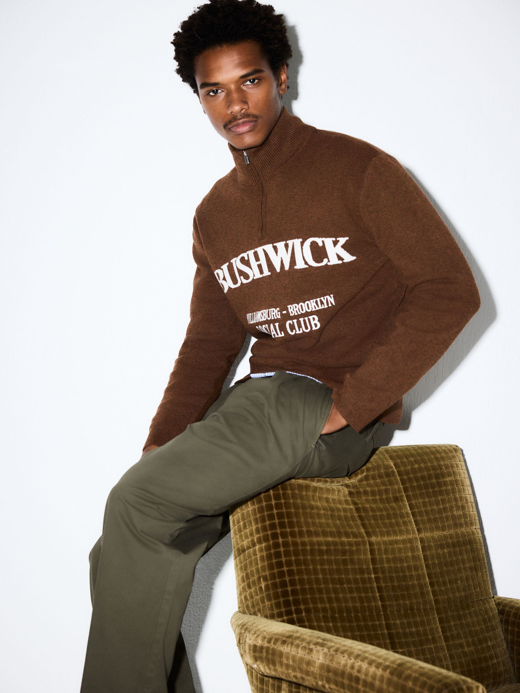 Buy Brown Mid-Weight Bushwick Graphic Zip Neck Jumper from the