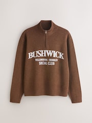 Brown Regular Fit Premium Mid-Weight Bushwick Graphic Zip Neck Jumper - Image 1 of 3