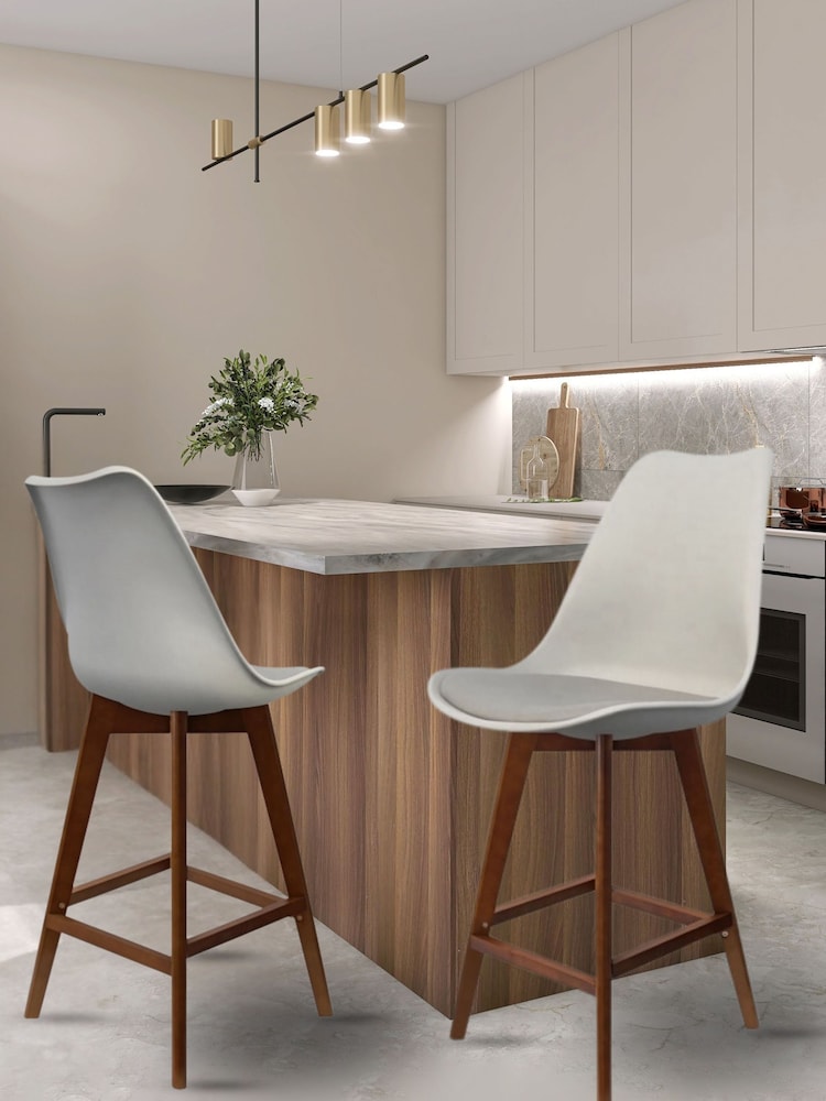 Fusion Living Light Grey Soho Plastic Bar Stool with Dark Wood Legs - Image 1 of 6
