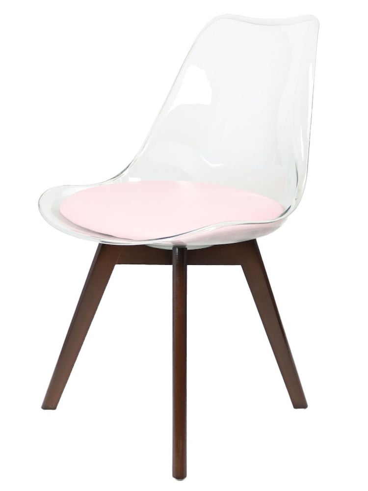 Fusion Living Blush Pink Soho Clear Plastic Dining Chair with Squared Light Dark Wood Leg Wood Legs - Image 2 of 6