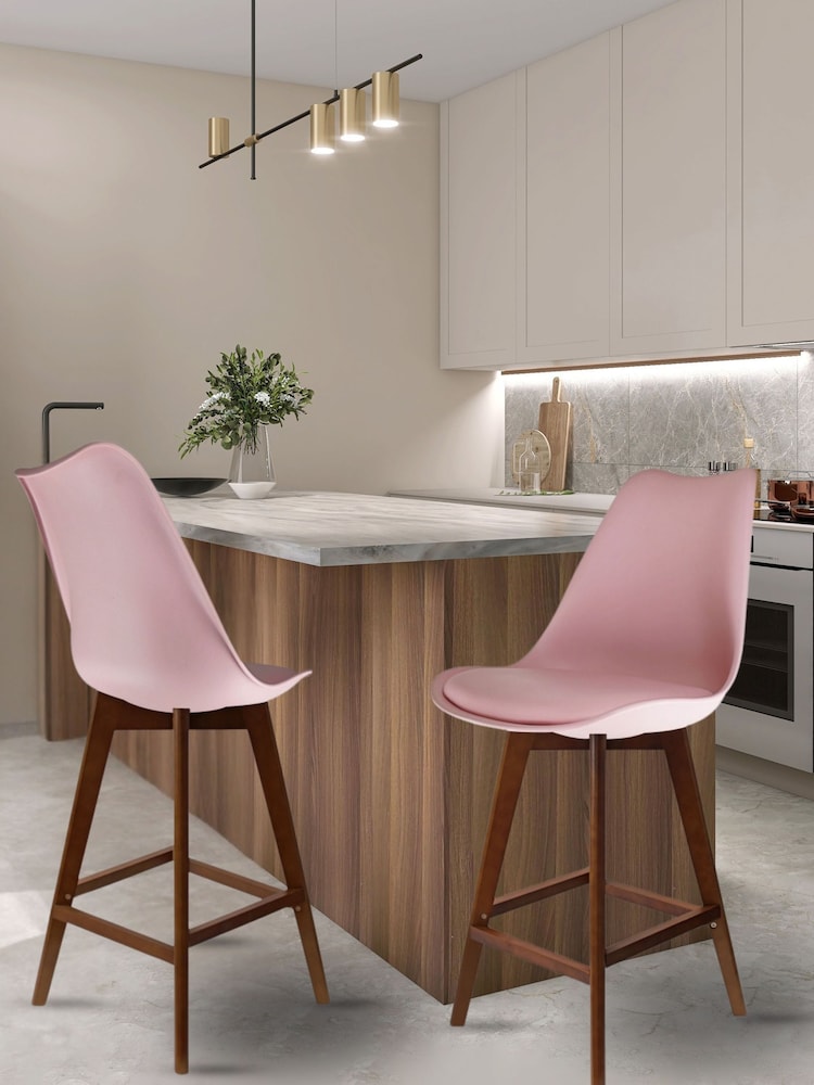 Fusion Living Blush PInk Soho Plastic Bar Stool with Dark Wood Legs - Image 1 of 6