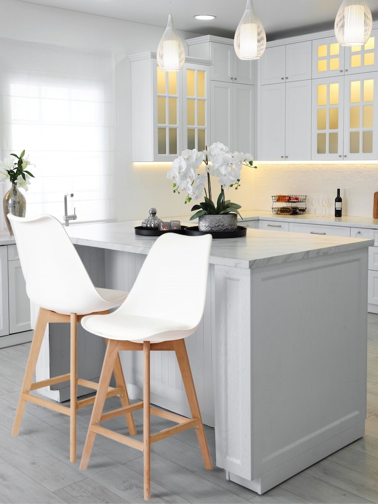 Fusion Living White Soho Plastic Bar Stool with Dark Wood Legs - Image 1 of 6
