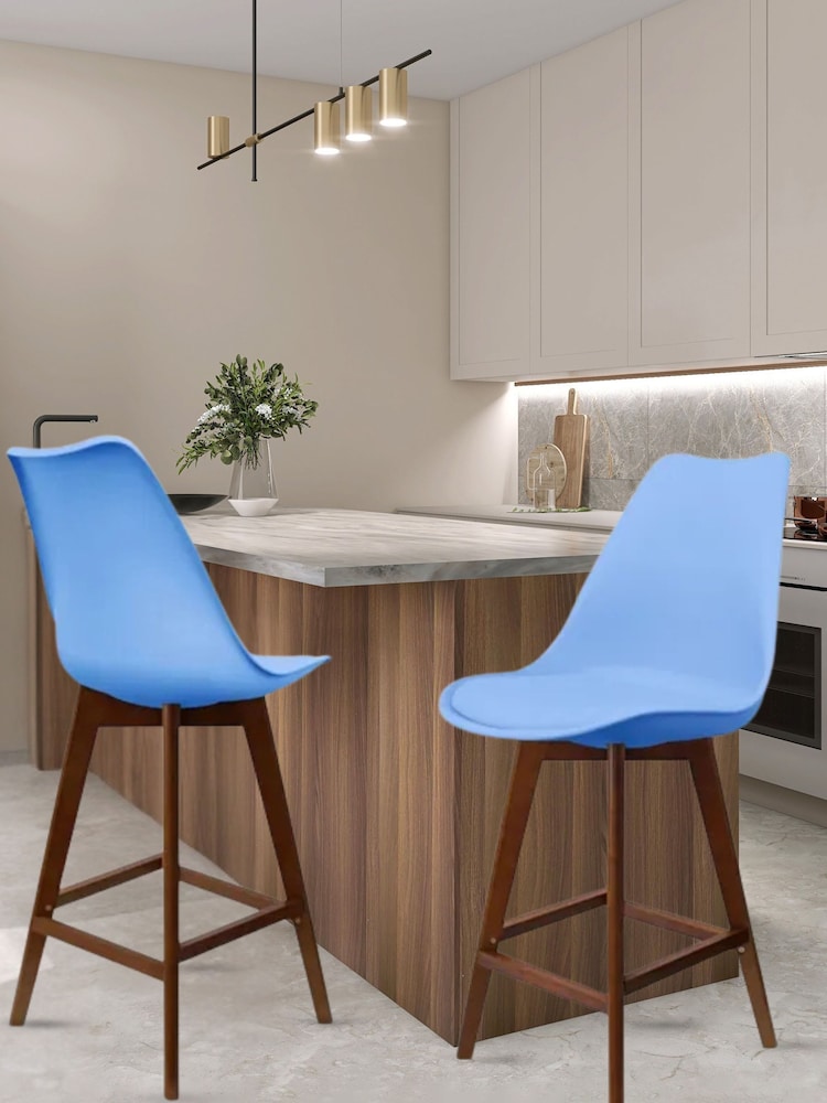 Fusion Living Blue Soho Plastic Bar Stool with Dark Wood Legs - Image 1 of 6