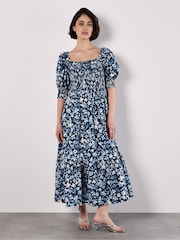 Apricot Blue Abstract Floral Print Milkmaid Dress - Image 1 of 4