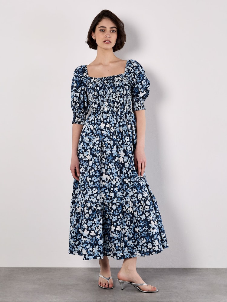 Apricot Blue Abstract Floral Print Milkmaid Dress - Image 1 of 4