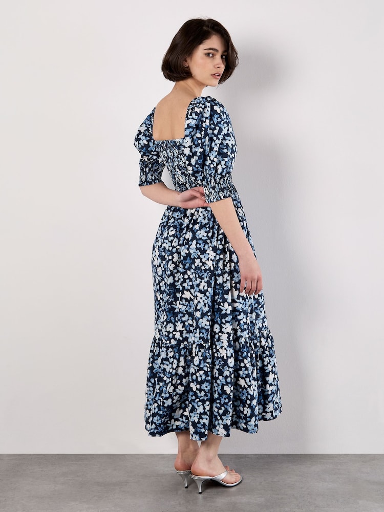 Apricot Blue Abstract Floral Print Milkmaid Dress - Image 2 of 4