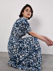 Apricot Blue Abstract Floral Print Milkmaid Dress - Image 4 of 4
