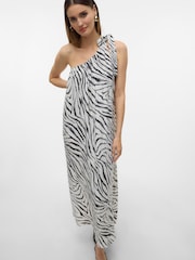 VERO MODA White Linen Blend One Shoulder Tie Dress In Zebra Print - Image 1 of 4