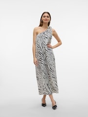 VERO MODA White Linen Blend One Shoulder Tie Dress In Zebra Print - Image 3 of 4