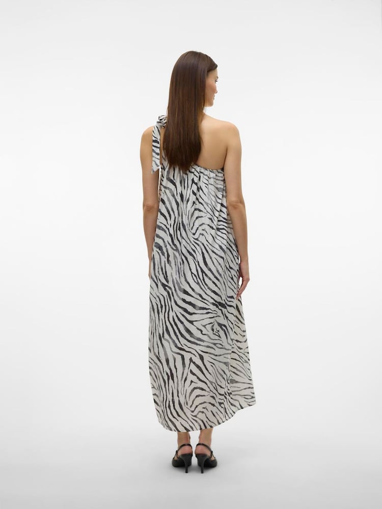 VERO MODA White Linen Blend One Shoulder Tie Dress In Zebra Print - Image 4 of 4