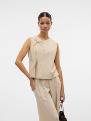 VERO MODA Cream Linen Blend Tie Side Waistcoat - Image 3 of 5