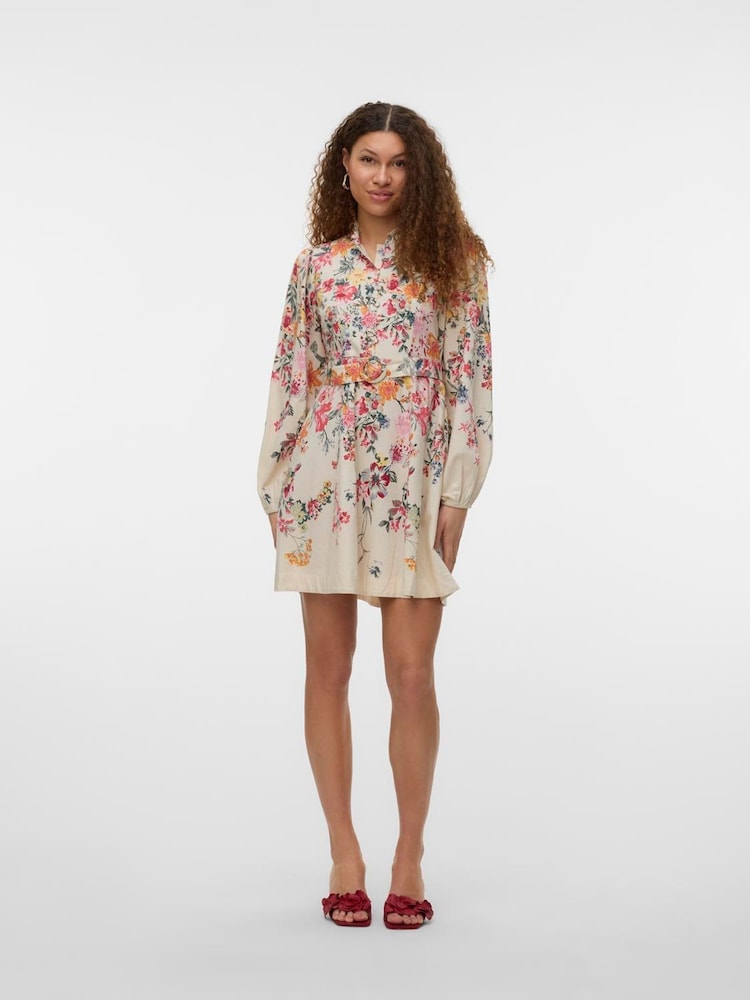 VERO MODA Grey Floral Printed Dress With Belt Detail - Image 1 of 5