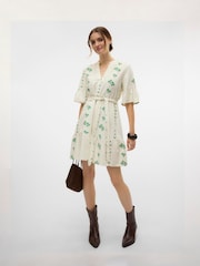 VERO MODA White V-Neck Linen Blend Floral Print Dress with Tie Belt - Image 1 of 4