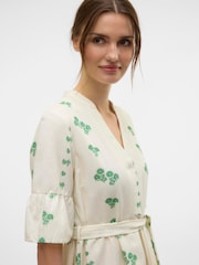 VERO MODA White V-Neck Linen Blend Floral Print Dress with Tie Belt - Image 2 of 4