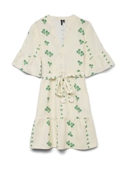 VERO MODA White V-Neck Linen Blend Floral Print Dress with Tie Belt - Image 4 of 4