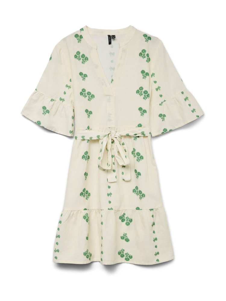 VERO MODA White V-Neck Linen Blend Floral Print Dress with Tie Belt - Image 4 of 4