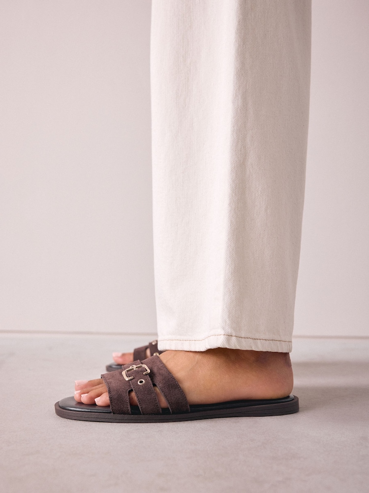Chocolate Brown Suede Forever Comfort® Buckle Mule Sandals - Image 1 of 10 Chocolate Brown Suede Forever Comfort® Buckle Mule Sandals - Image 1 of 10