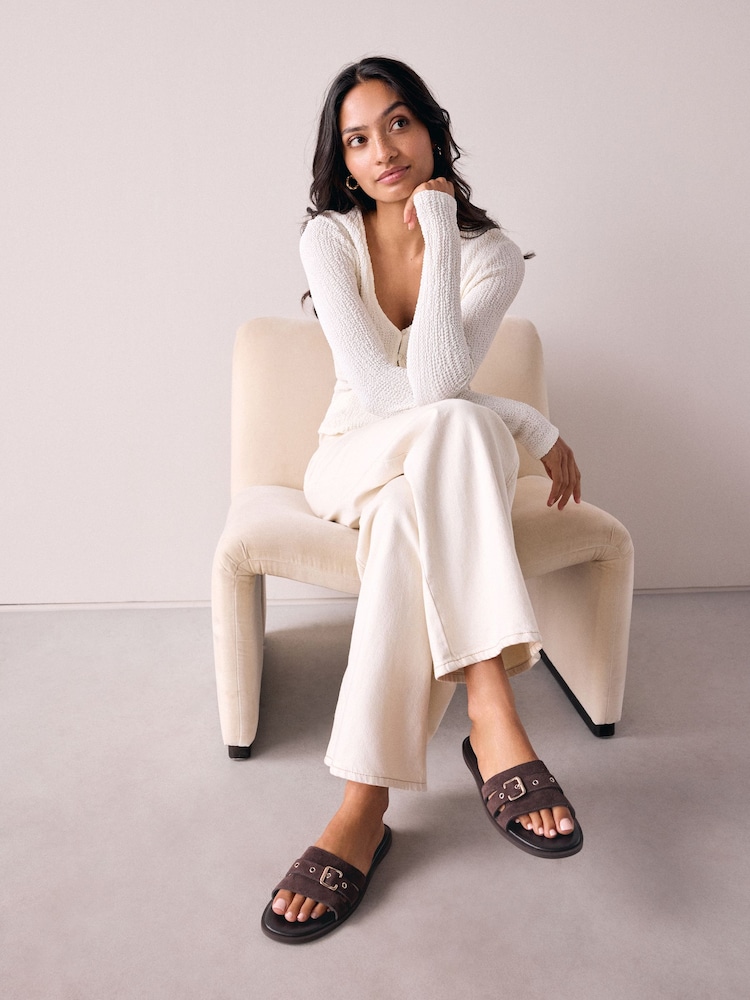 Chocolate Brown Suede Forever Comfort® Buckle Mule Sandals - Image 2 of 10 Chocolate Brown Suede Forever Comfort® Buckle Mule Sandals - Image 2 of 10