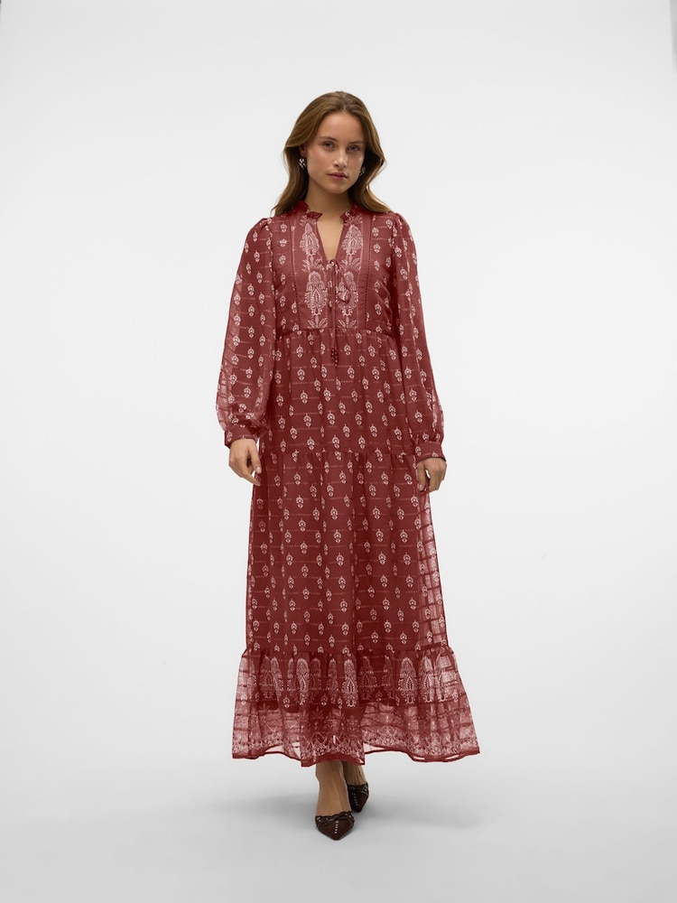 VERO MODA Red Frill Neck Detail All-Over Printed Woven Maxi Dress - Image 1 of 5
