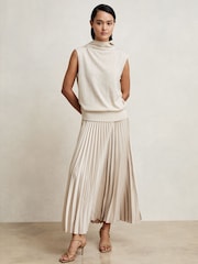 Reiss Champagne Neutral Seren Pleated Midi Skirt - Image 1 of 6