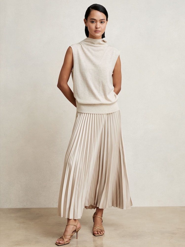 Reiss Champagne Neutral Seren Pleated Midi Skirt - Image 1 of 6